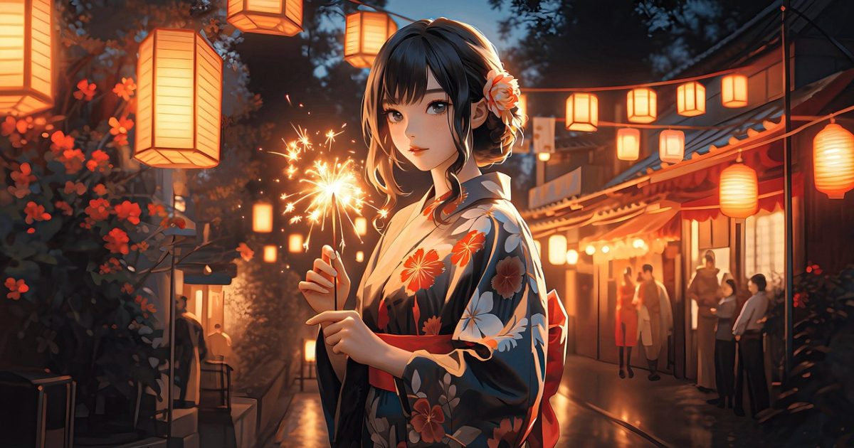 花子动漫 App 首页数据看板界面插画，深色底上排列着作品档案卡片与观剧进度环形图，暖金色数字在暗色背景里安静发光